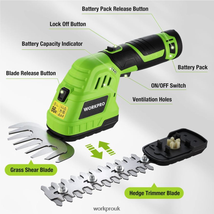 WORKPRO2 in 1 12V Electric Cordless Grass Hedge Shear & Handheld Shrubbery Trimmer, with 2.0Ah Rechargeable Lithium-Ion Battery and 1 Hour Fast Charger X662Z301 Tool