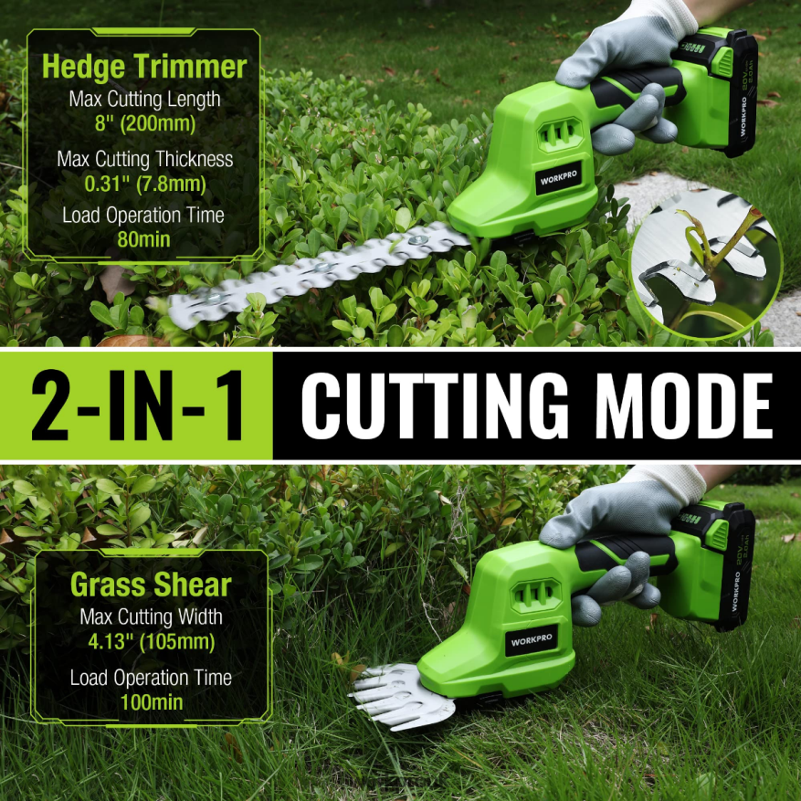 WORKPRO2 in 1 20V Electric Cordless Grass Hedge Shear & Handheld Shrubbery Trimmer, with 2.0Ah Rechargeable Lithium-Ion Battery and 1 Hour Fast Charger X662Z302 Tool