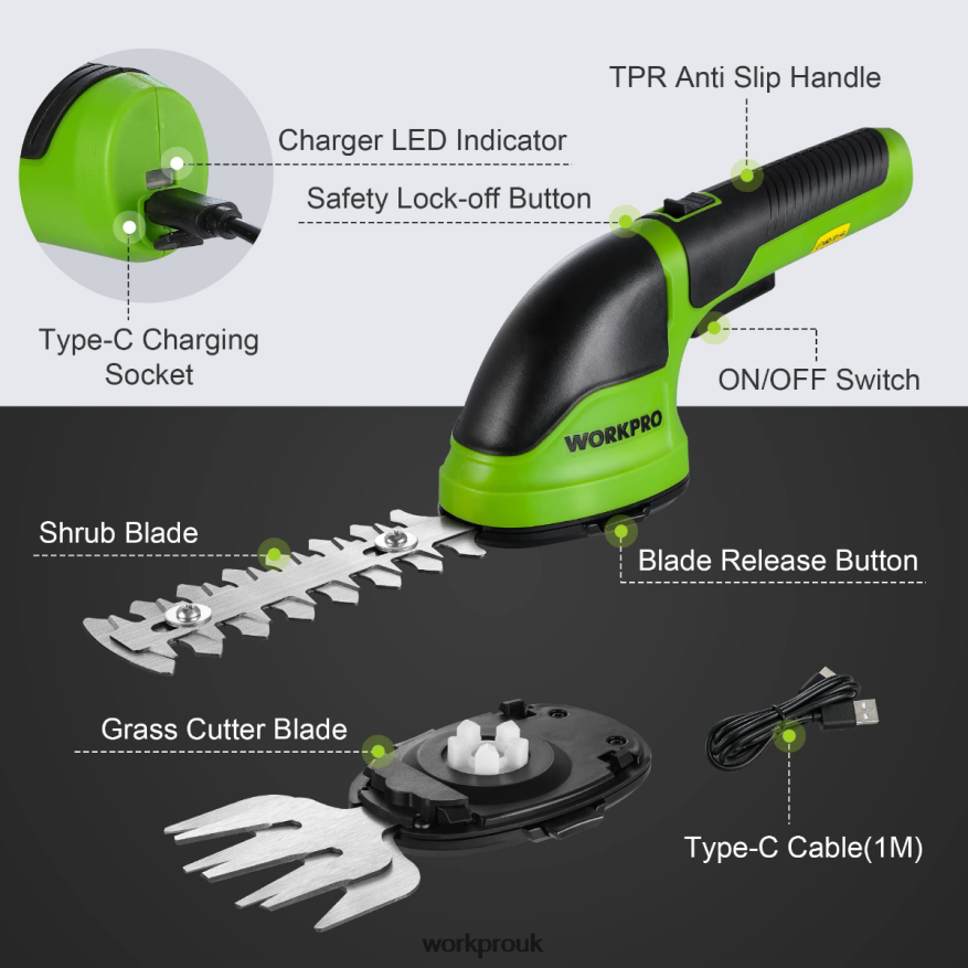 WORKPRO2 in 1 Handheld 3.6V Electric Cordless Shrubbery Trimmer Hedge Shears/Grass Cutter X662Z268 Tool