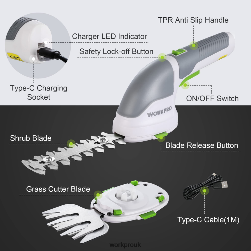WORKPRO2 in 1 Handheld 3.6V Electric Cordless Shrubbery Trimmer Hedge Shears/Grass Cutter X662Z268 Tool