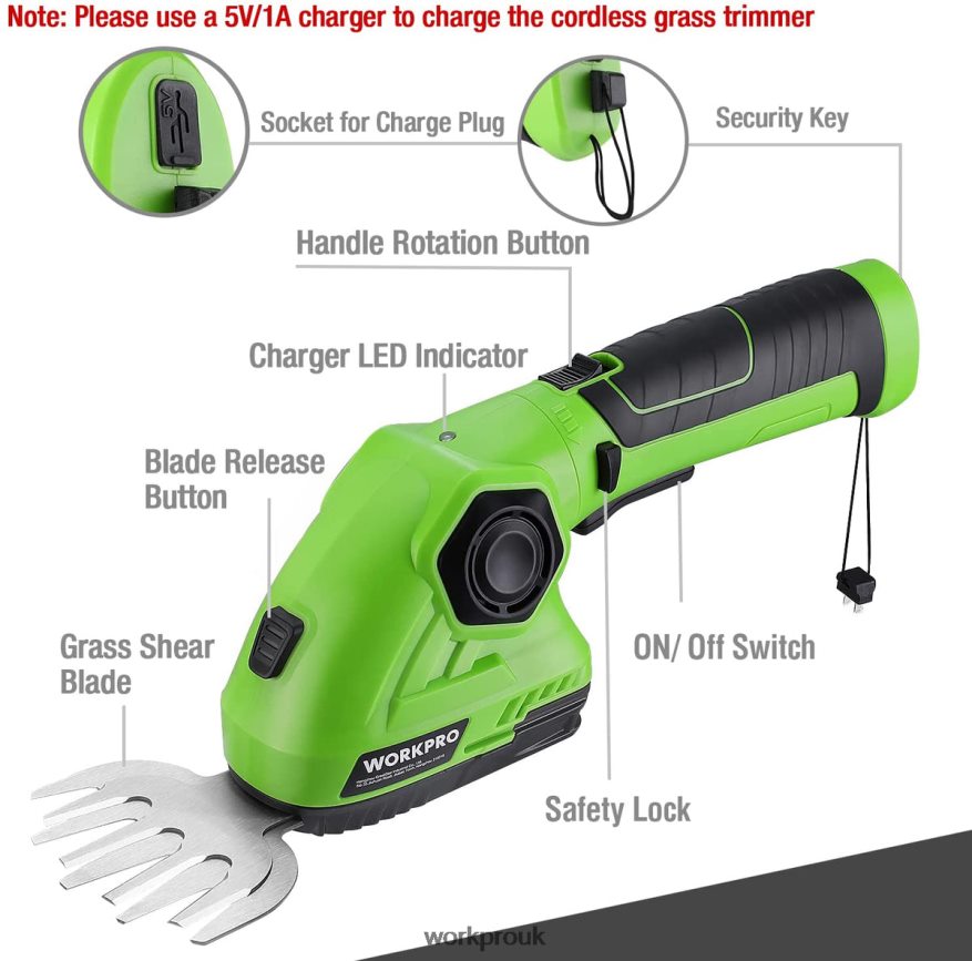 WORKPROCordless Grass Shear & Shrubbery Trimmer 2 in 1 Handheld Hedge Trimmer 7.2V Electric Grass Trimmer Hedge Shears X662Z297 Tool