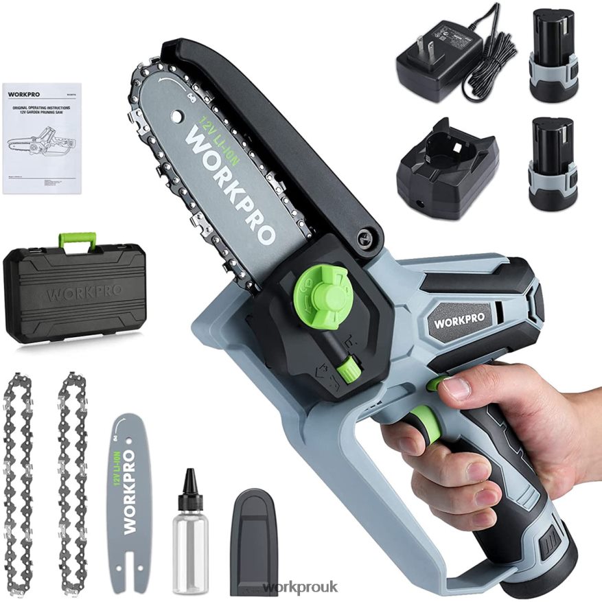 WORKPROMini Chainsaw, Cordless Electric Compact Chain Saw with 2 Batteries, Replacement Guide Bar and Chain X662Z291 Tool