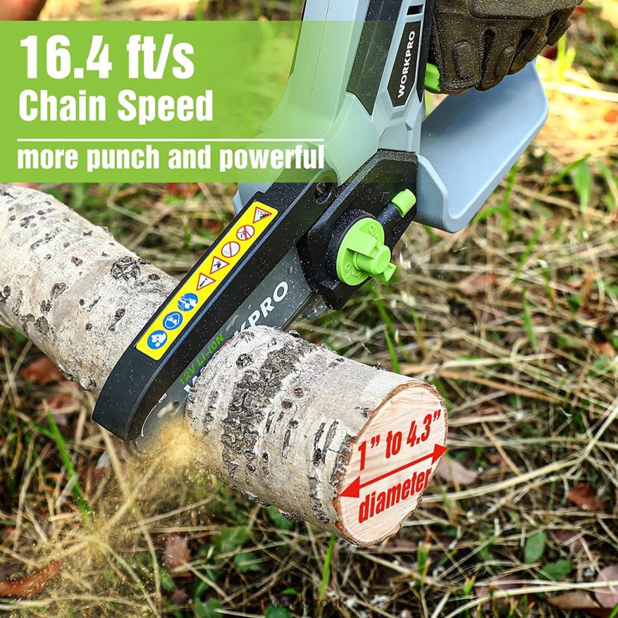 WORKPROMini Chainsaw, Cordless Electric Compact Chain Saw with 2 Batteries, Replacement Guide Bar and Chain X662Z291 Tool