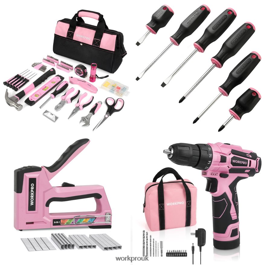 WORKPRO106 Pcs Tool Kit & 6 Pcs Magnetic Screwdrivers & 12V Cordless Drill Driver Kit & 6-in-1 Staple Gun X662Z312 Tool