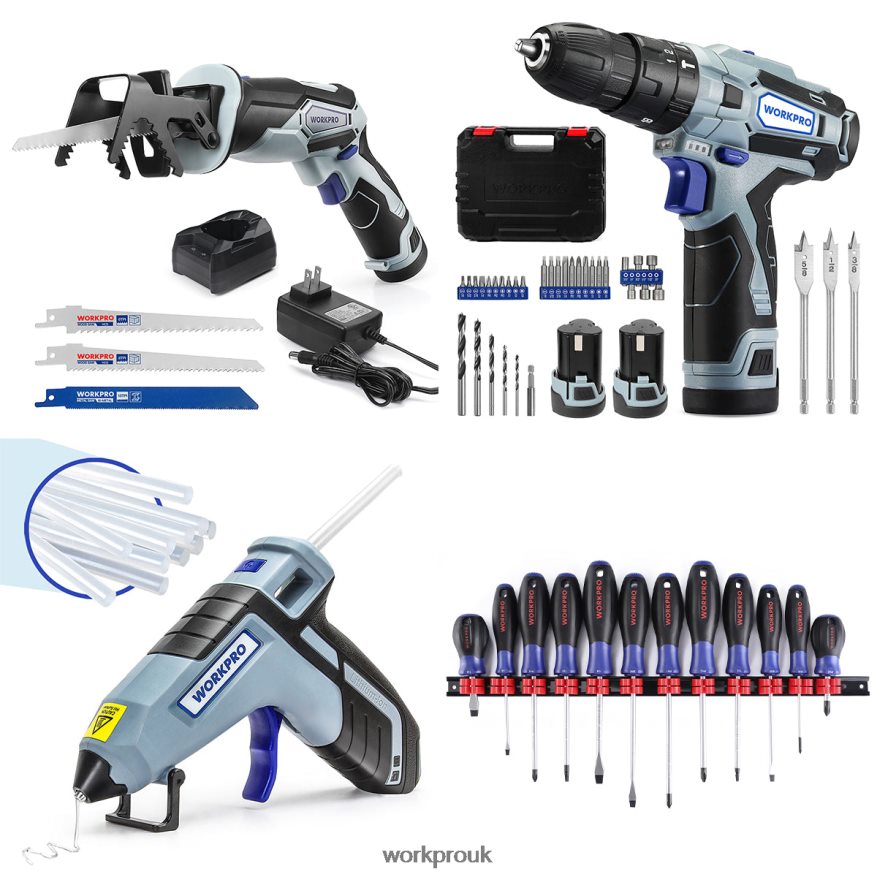 WORKPRO12V Cordless Reciprocating Saw & 12V Cordless Drill Driver Kit & 12 Pcs Magnetic Screwdrivers Set & Cordless Hot Glue Gun X662Z321 Tool