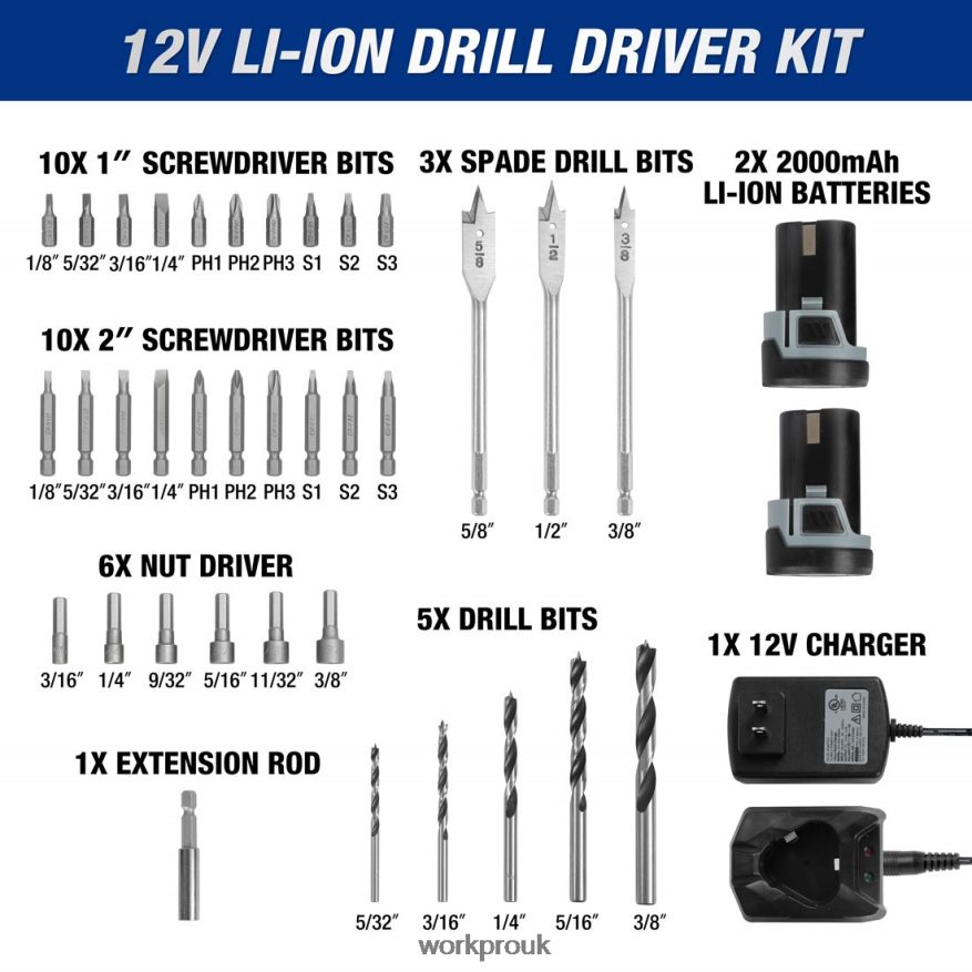 WORKPRO12V Cordless Reciprocating Saw & 12V Cordless Drill Driver Kit & 12 Pcs Magnetic Screwdrivers Set & Cordless Hot Glue Gun X662Z321 Tool