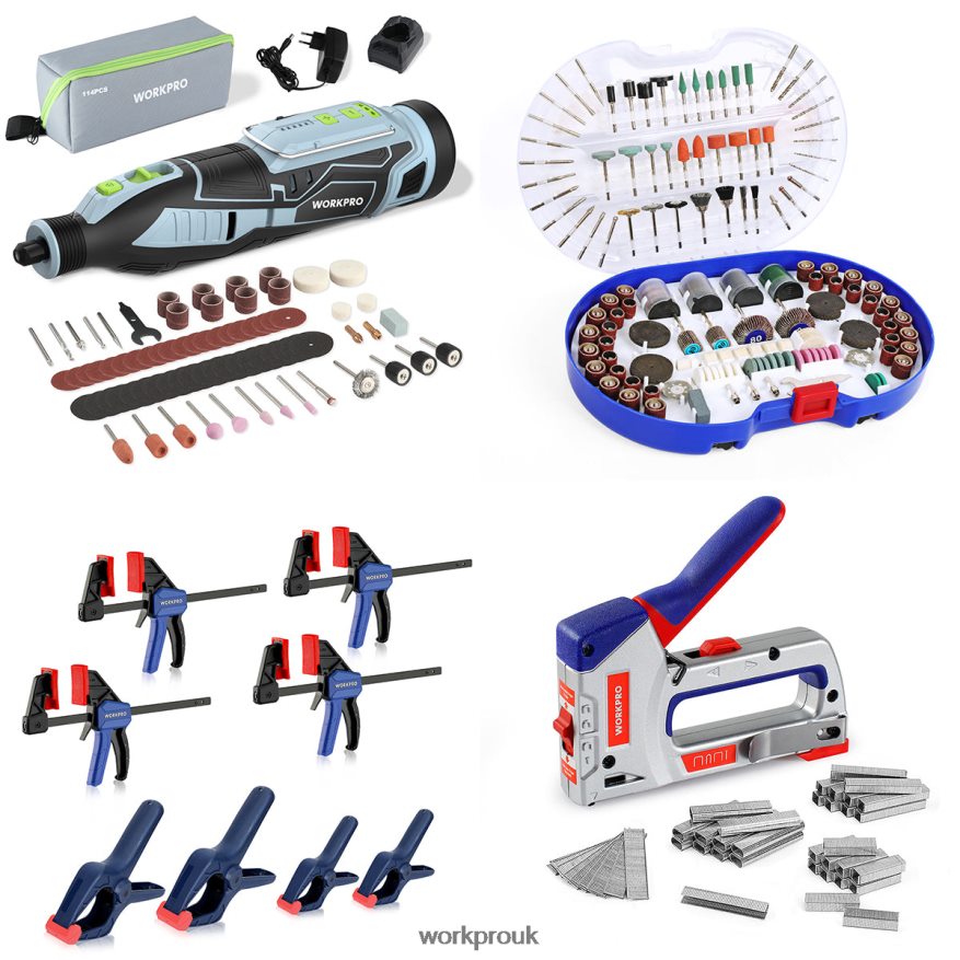 WORKPRO12V Cordless Rotary Tool Kit & 276-piece Rotary Tool Accessories Kit & 8-Piece Clamp Set & 4-in-1 Staple Gun Kit X662Z317 Tool