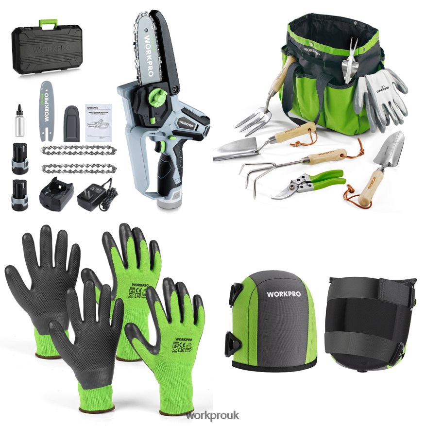 WORKPROCordless Chain Saw & 7 Piece Garden Tools Set & 2 Pairs Garden Gloves & Garden Knee Pads X662Z314 Tool