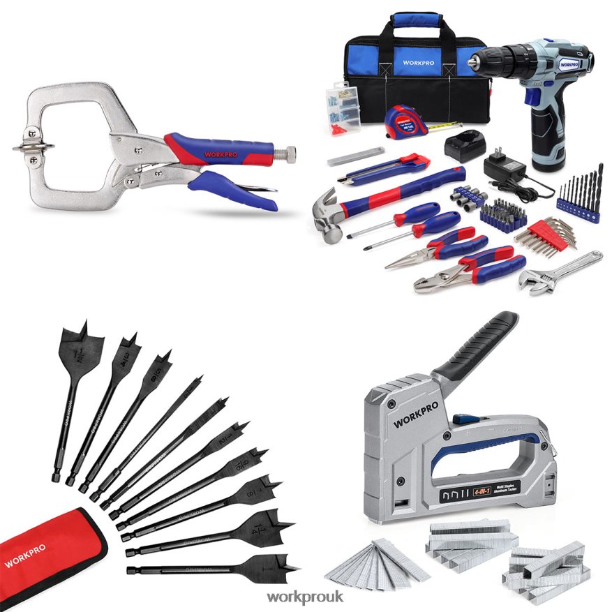 WORKPROFace Clamp & 12V Cordless Drill and Home Tool Kit & 10 Pcs Pro Spade Drill Bit Set & 4-in-1 Staple Gun Heavy-Duty X662Z318 Tool
