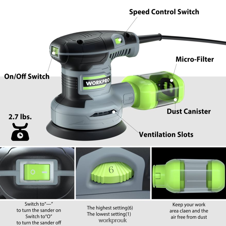WORKPRO2.5 Amp Electric 5-Inch Random Orbit Sander, 6 Variable Speeds 7000 to 14000 RPM X662Z233 Tool