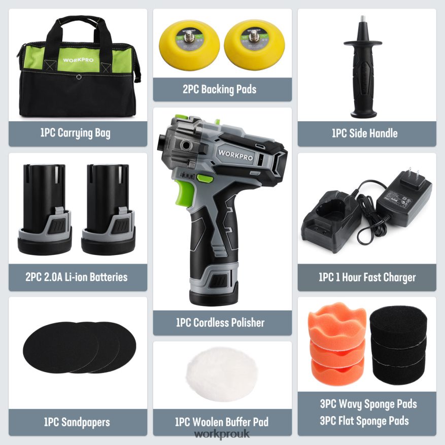 WORKPRO12V Cordless Polisher, Mini Car Detailing Buffer & Sander Machine Kit with 2 Li-Ion Batteries X662Z229 Tool