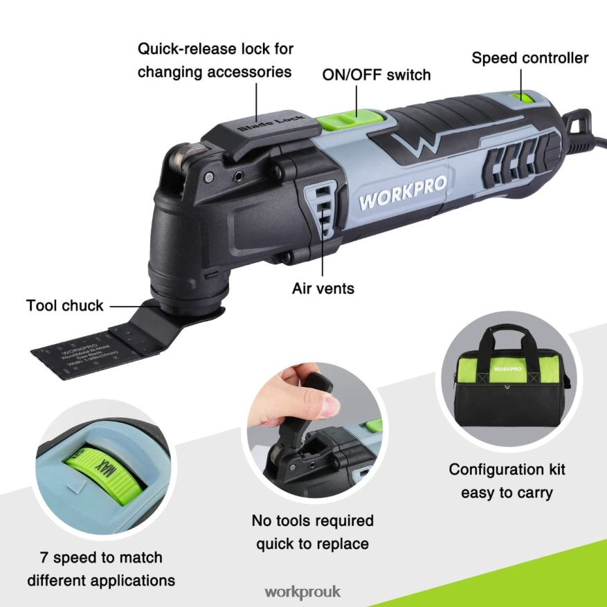 WORKPRO3.0 Amp Corded Quick-Lock Replaceable Oscillating Saw with 7 Variable Speed 3 Oscillation Angle, 17pcs Saw Accessories, and Carrying Bag X662Z230 Tool
