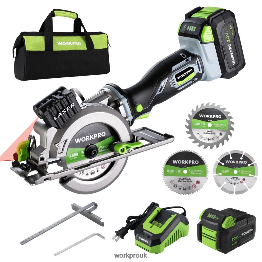 WORKPROCompact Cordless Mini Circular Saw, 20V 4.0Ah Battery, Fast Charger, 3 Saw Blades, 4500RPM X662Z186 Tool