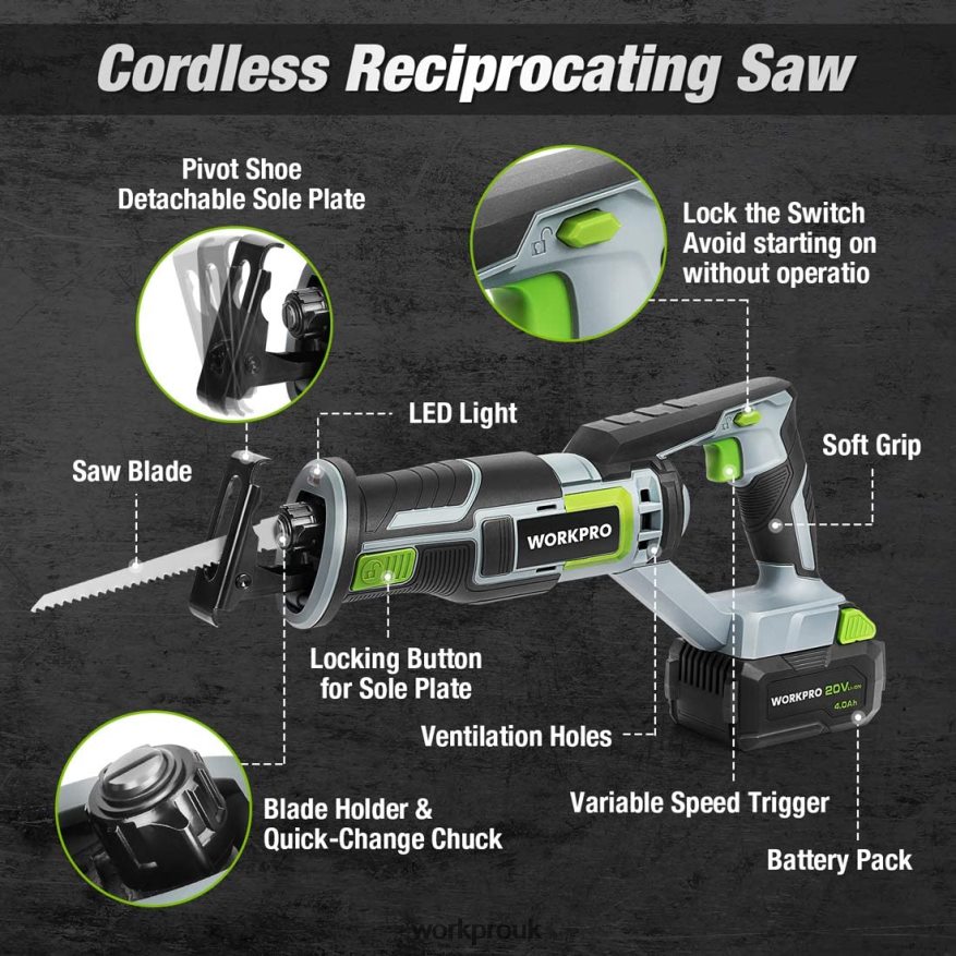 WORKPROCordless Reciprocating Saw, 4 Saw Blades for Wood & Metal Cutting Included X662Z184 Tool