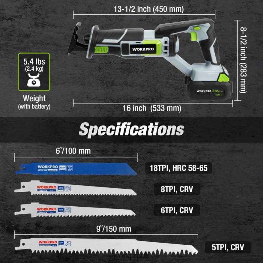 WORKPROCordless Reciprocating Saw, 4 Saw Blades for Wood & Metal Cutting Included X662Z184 Tool