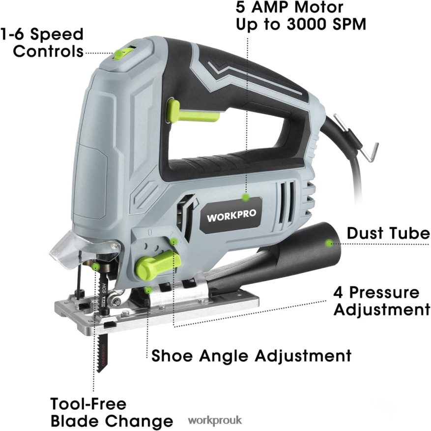 WORKPROJig Saw, 5 AMP 3000 SPM, Jigsaw Tool Corded Electric Power Cutter for Wood, Metal, and Plastic Cutting, 7 Blades X662Z242 Tool
