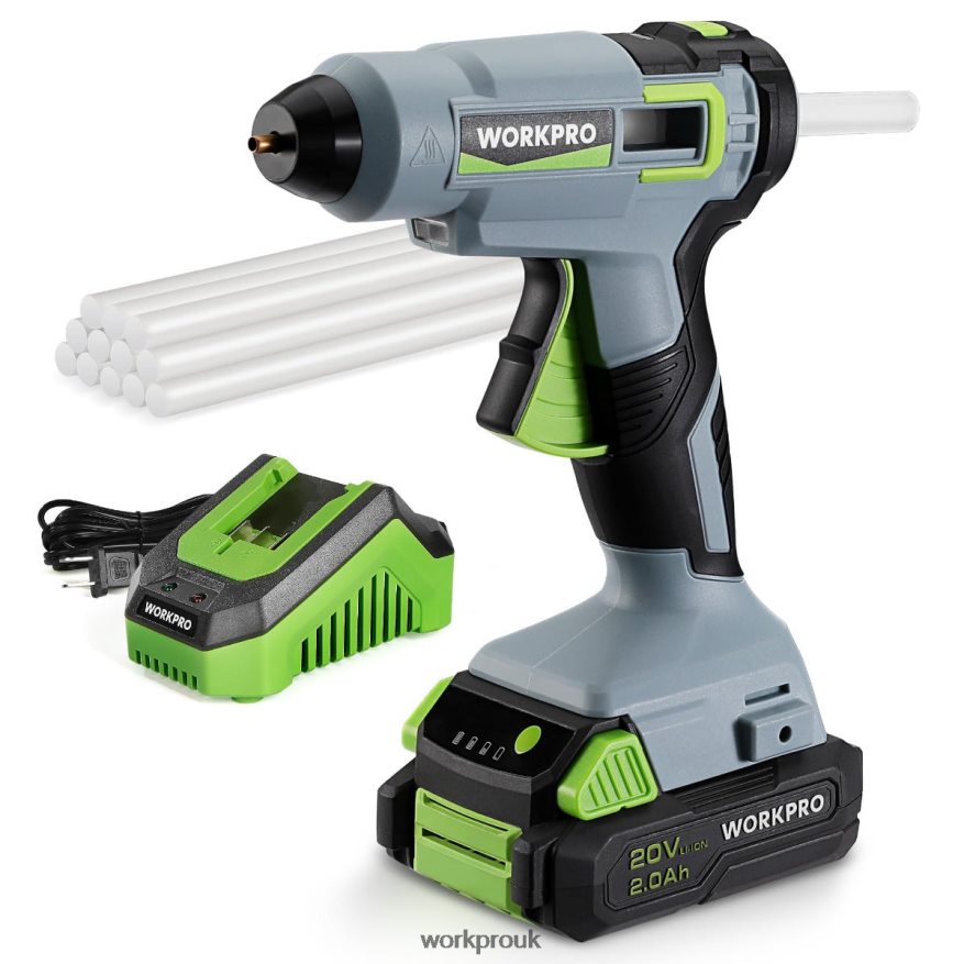 WORKPROCordless Hot Glue Gun Kit with 12 Pcs Glue Sticks, 20V 2.0 Ah Li-ion Battery X662Z165 Tool