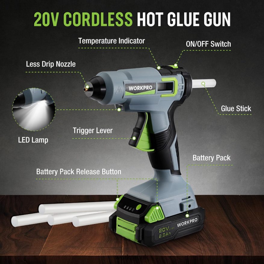 WORKPROCordless Hot Glue Gun Kit with 12 Pcs Glue Sticks, 20V 2.0 Ah Li-ion Battery X662Z165 Tool