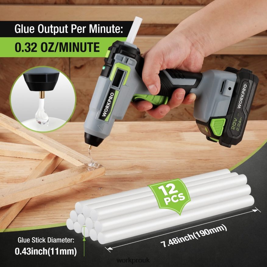 WORKPROCordless Hot Glue Gun Kit with 12 Pcs Glue Sticks, 20V 2.0 Ah Li-ion Battery X662Z165 Tool