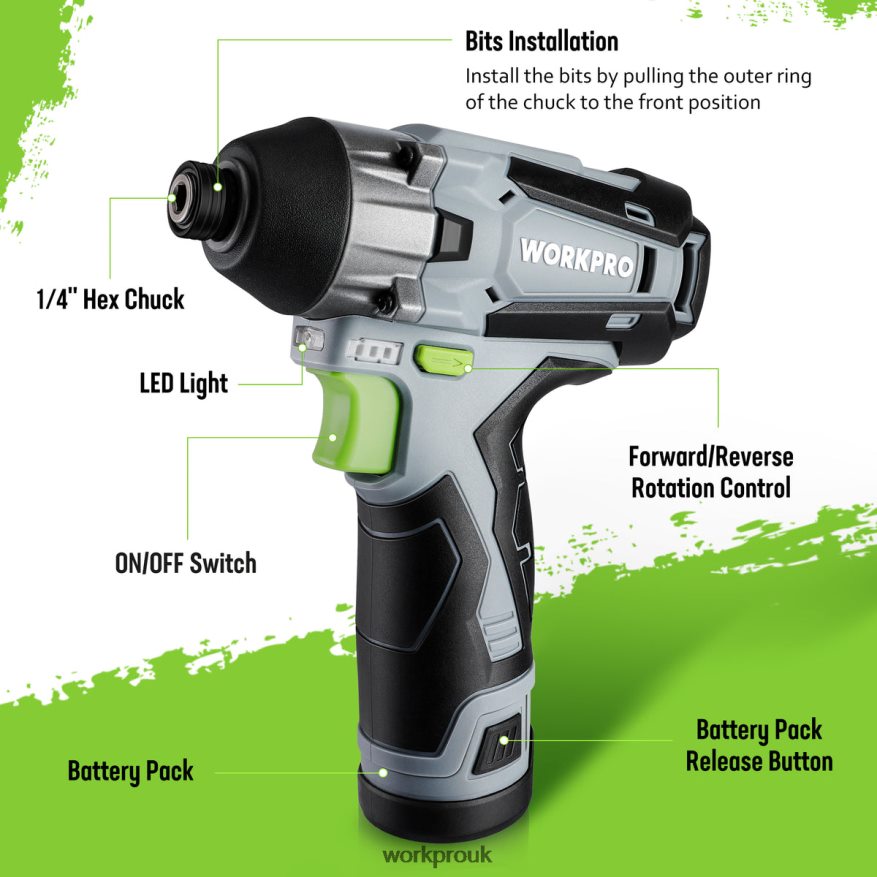 WORKPRO12V Cordless Impact Driver Kit, Hex Electric Impact Drill/Driver Set with 2.0Ah Lithium-ion Battery X662Z190 Tool