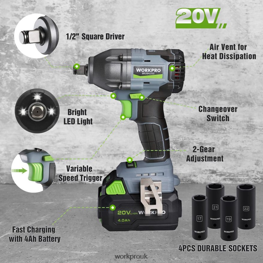 WORKPRO20V Cordless Impact Wrench, with 4.0 Ah Battery, Fast Charger, 4 Impact Sockets and Storage Case X662Z188 Tool
