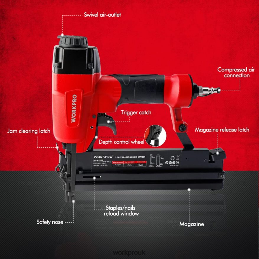 WORKPROPneumatic 2 in 1 Brad Nailer with 400pcs Nails/ 300 Pcs Staples X662Z181 Tool