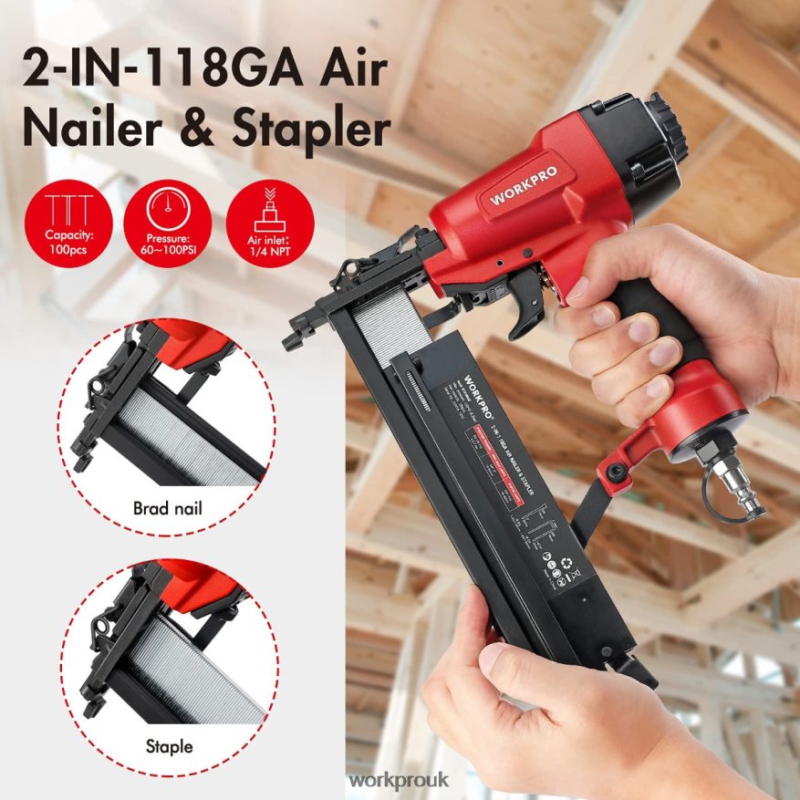WORKPROPneumatic 2 in 1 Brad Nailer with 400pcs Nails/ 300 Pcs Staples X662Z181 Tool