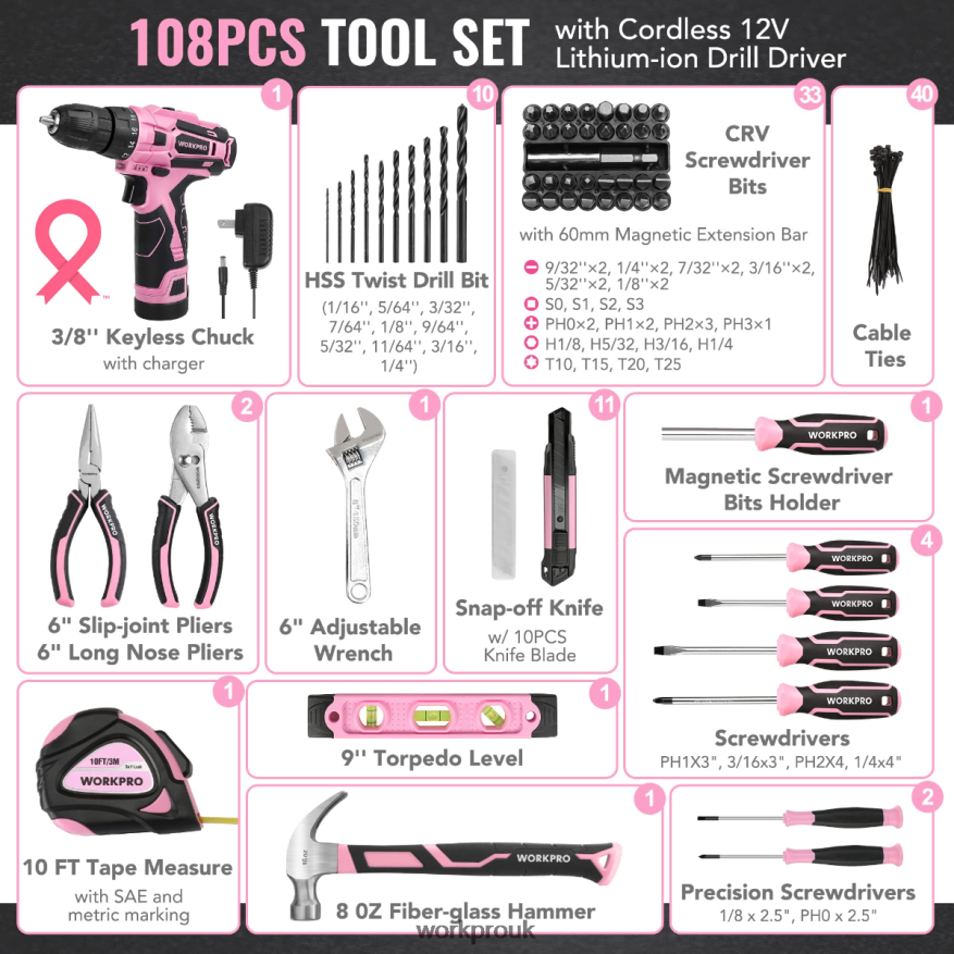 WORKPRO108-Piece Portable Tool Set with Power Drill X662Z173 Tool