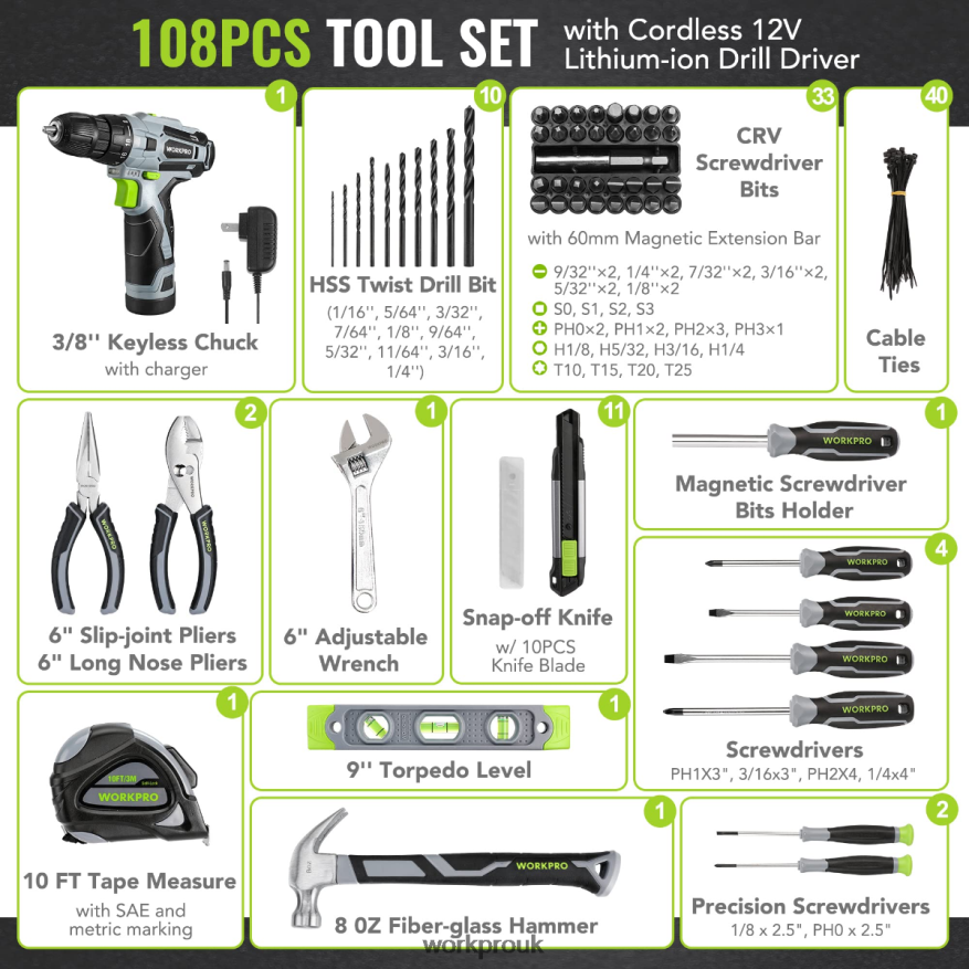WORKPRO108-Piece Portable Tool Set with Power Drill X662Z173 Tool