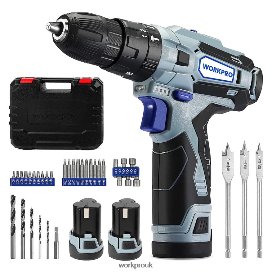WORKPRO12V 2-Speed Cordless Drill Driver Kit, 2 Li-Ion Batteries 2000 mAh and Fast Charger X662Z168 Tool