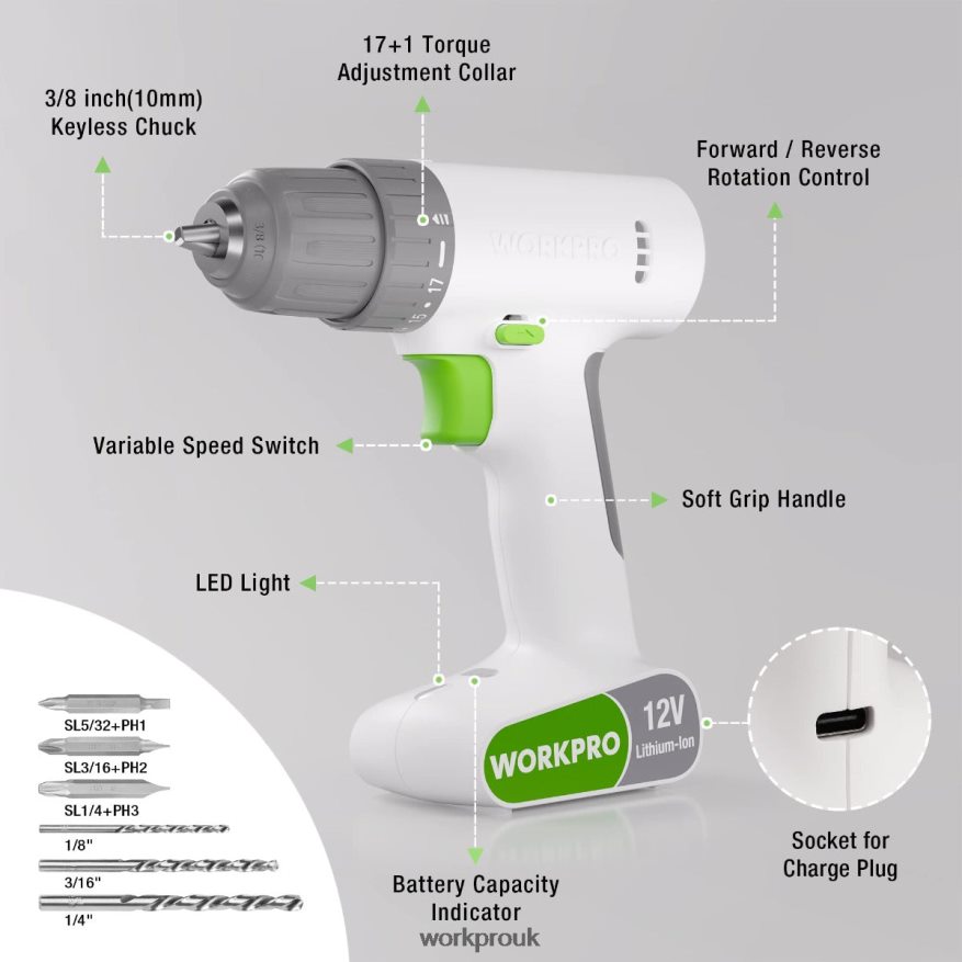 WORKPRO12V Cordless Drill Driver Set with 6 Pcs Bits, 3/8-Inch Keyless Chuck, Variable Speed, 18 Touque Setting X662Z175 Tool