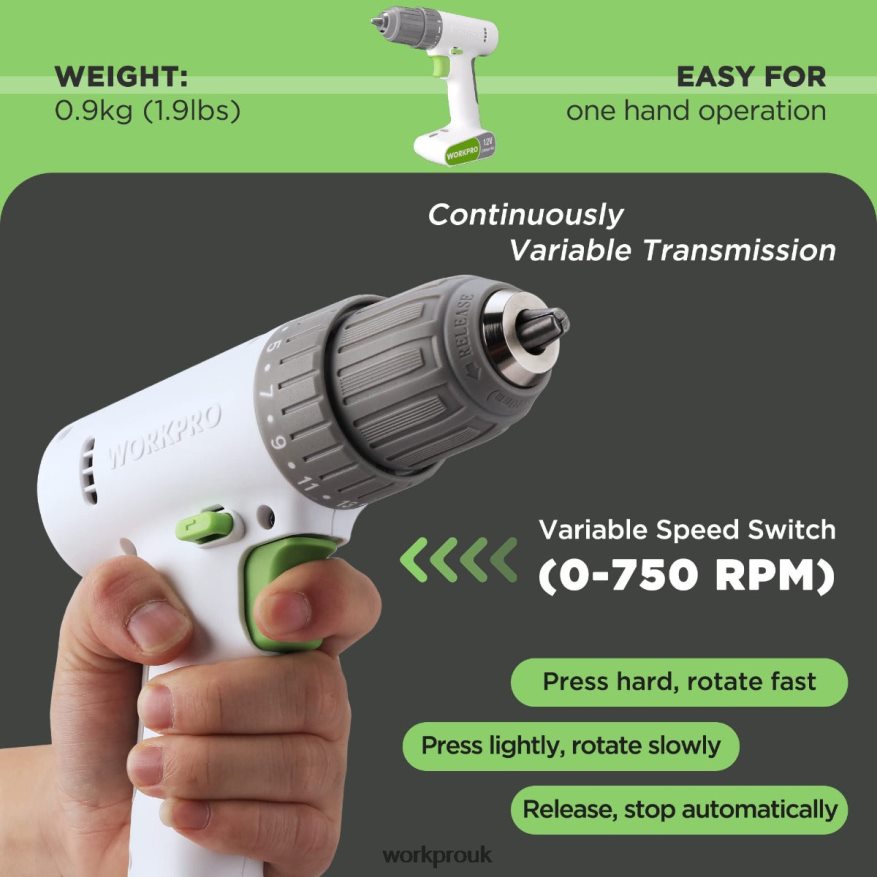 WORKPRO12V Cordless Drill Driver Set with 6 Pcs Bits, 3/8-Inch Keyless Chuck, Variable Speed, 18 Touque Setting X662Z175 Tool