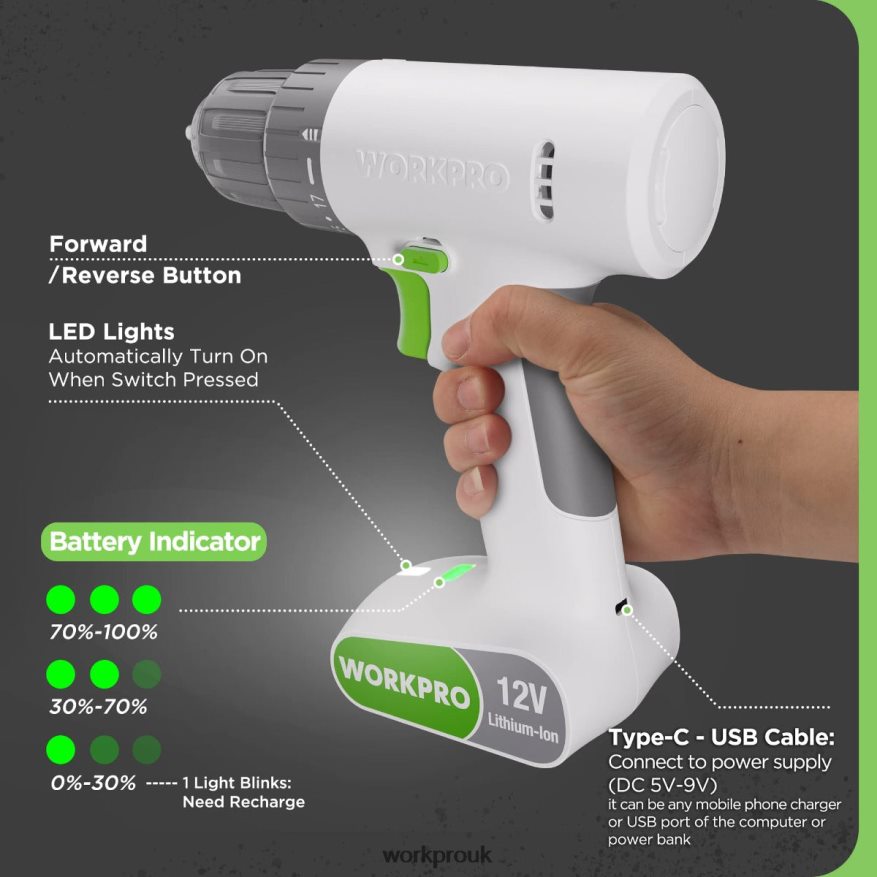 WORKPRO12V Cordless Drill Driver Set with 6 Pcs Bits, 3/8-Inch Keyless Chuck, Variable Speed, 18 Touque Setting X662Z175 Tool