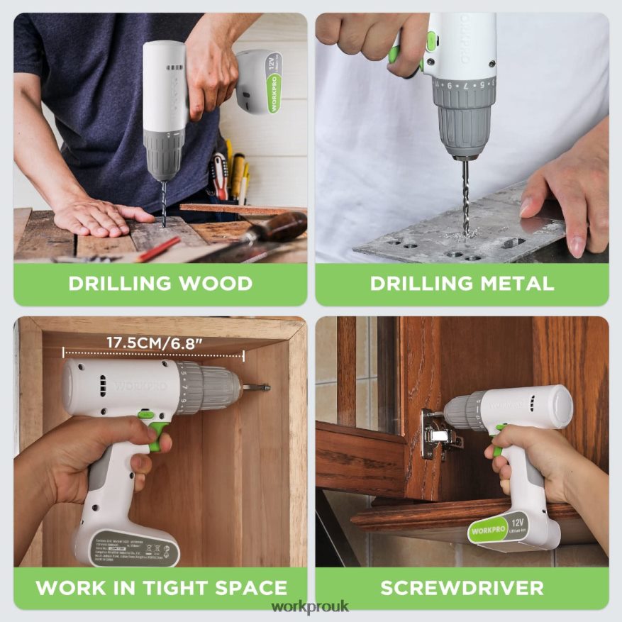 WORKPRO12V Cordless Drill Driver Set with 6 Pcs Bits, 3/8-Inch Keyless Chuck, Variable Speed, 18 Touque Setting X662Z175 Tool