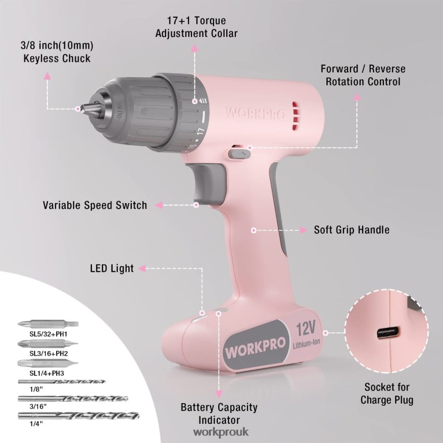 WORKPRO12V Cordless Drill Driver Set with 6 Pcs Bits, 3/8-Inch Keyless Chuck, Variable Speed, 18 Touque Setting X662Z175 Tool