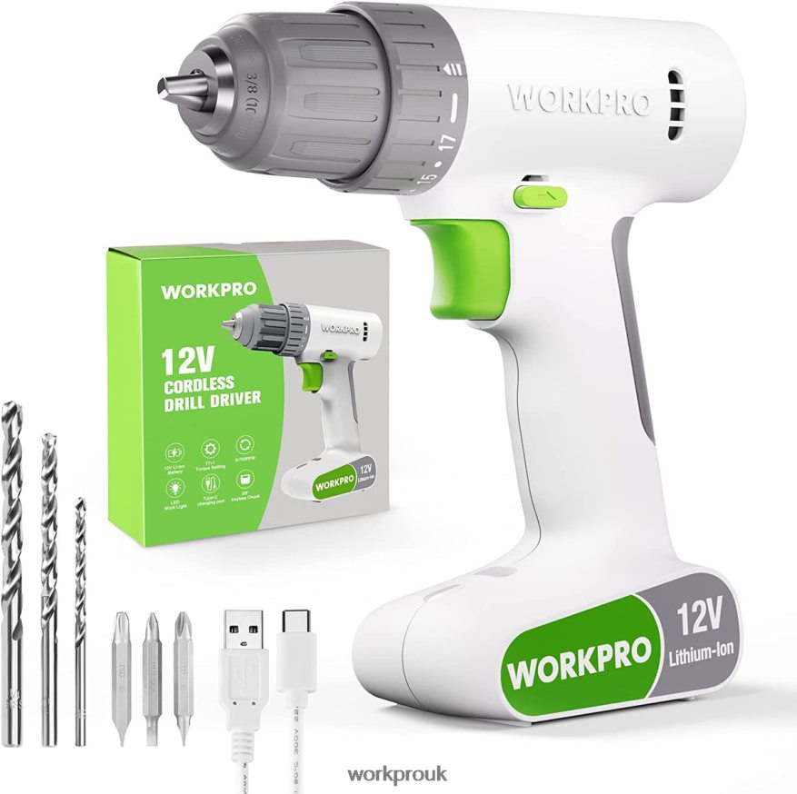 WORKPRO12V Cordless Drill Driver Set with 6 Pcs Bits, 3/8-Inch Keyless Chuck, Variable Speed, 18 Touque Setting X662Z175 Tool