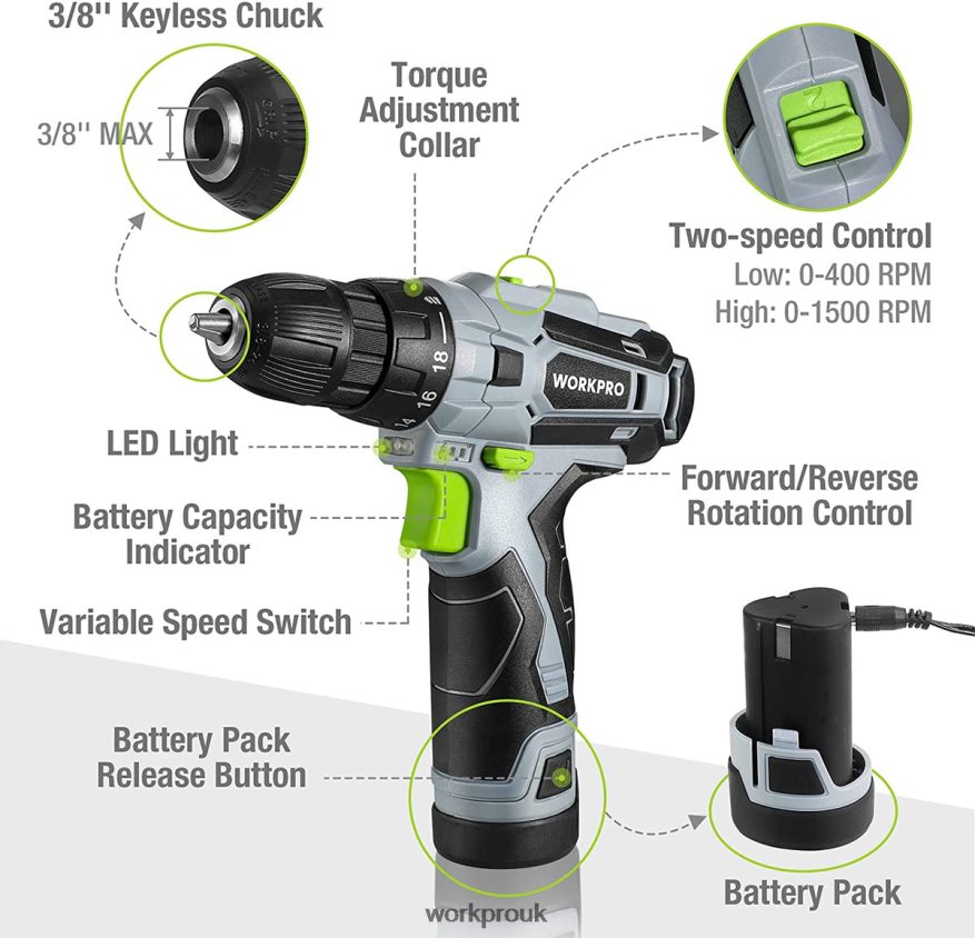 WORKPRO12V Electric Cordless Drill Driver Kit Keyless Chuck, Charger and Storage Bag Included X662Z177 Tool