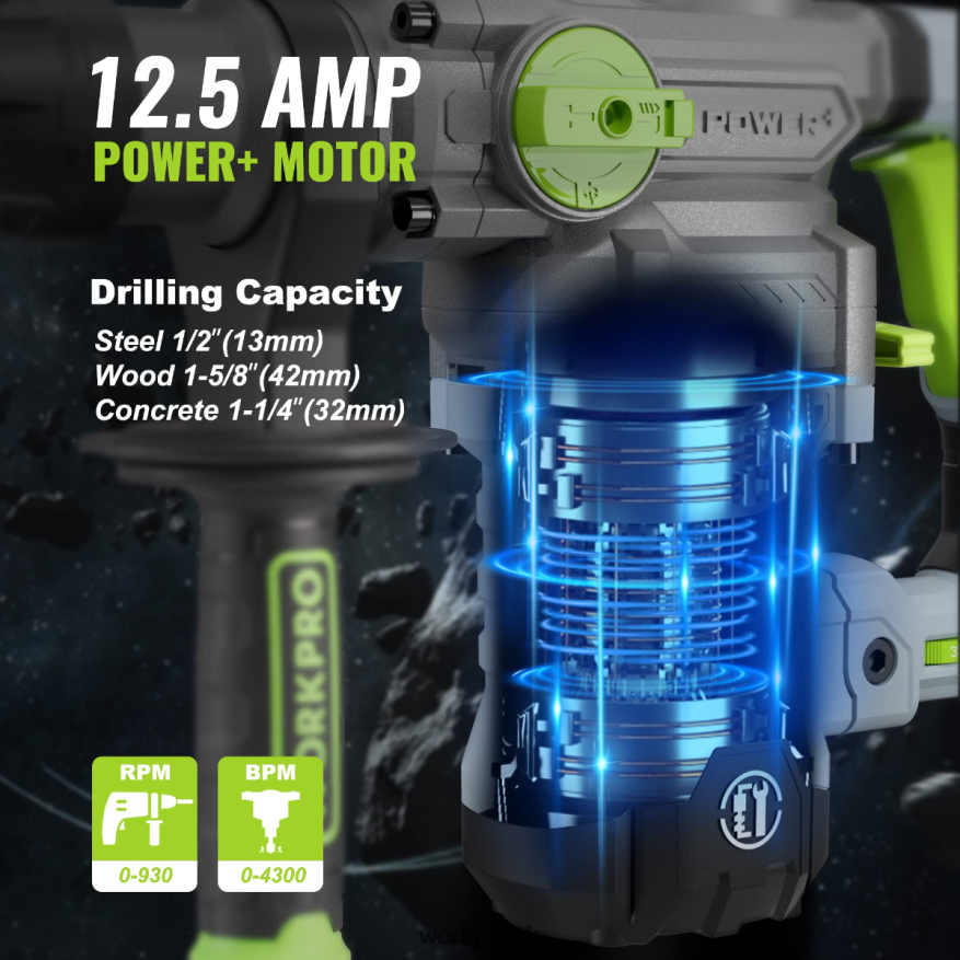 WORKPRO12.5AMP 1-1/4 Inch Premium SDS-Plus Rotary Hammer Drill, Heavy Duty Corded Version X662Z179 Tool