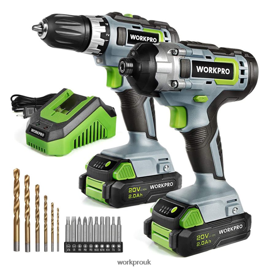 WORKPRO20V Cordless Drill Combo Kit, Drill Driver and Impact Driver with 2x 2.0Ah Batteries and 1 Hour Fast Charger X662Z169 Tool
