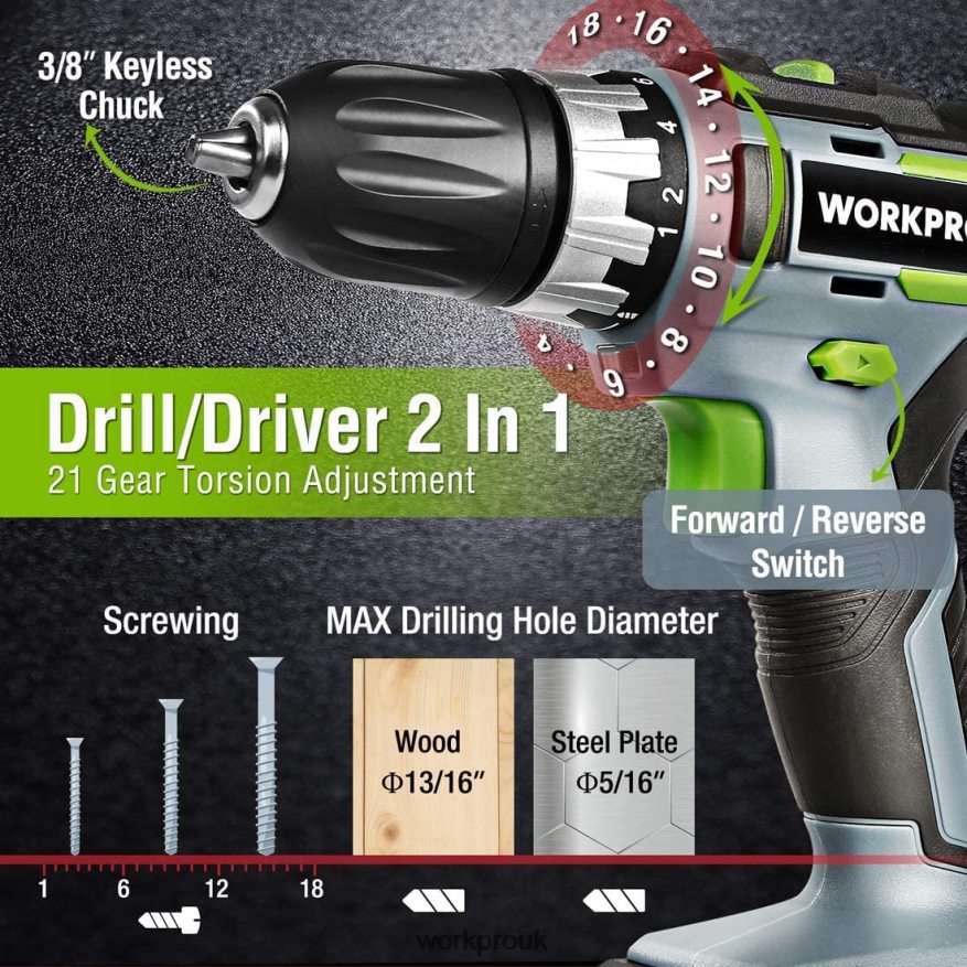 WORKPRO20V Cordless Drill Combo Kit, Drill Driver and Impact Driver with 2x 2.0Ah Batteries and 1 Hour Fast Charger X662Z169 Tool
