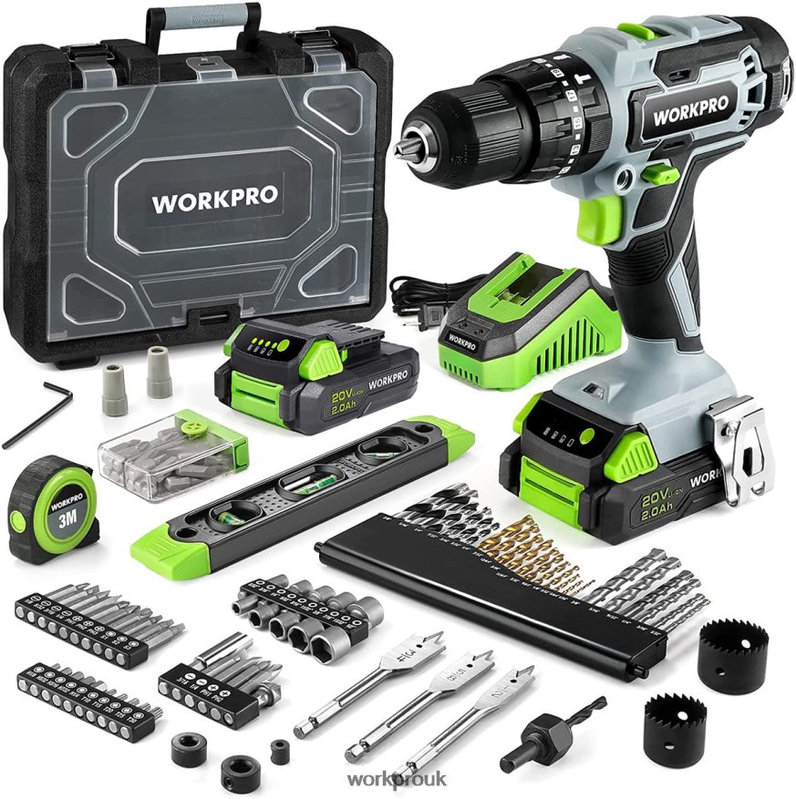 WORKPRO20V Max Cordless Drill Driver Set, Electric Power Impact Drill Tool with 102 Pieces Accessories, 2 x 2.0Ah Li-ion Batteries with Fast Charger X662Z170 Tool