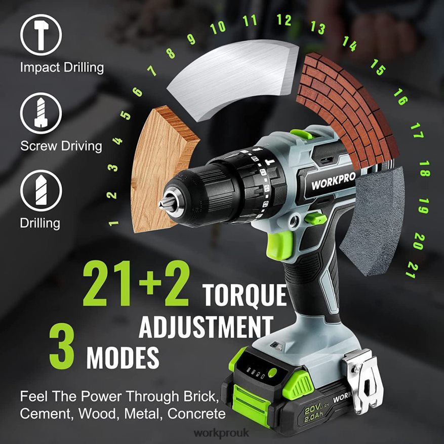 WORKPRO20V Max Cordless Drill Driver Set, Electric Power Impact Drill Tool with 102 Pieces Accessories, 2 x 2.0Ah Li-ion Batteries with Fast Charger X662Z170 Tool