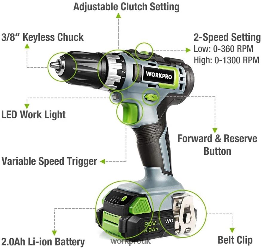 WORKPRO20V Variable Speed Cordless Drill/Driver Kit, 18+2 Torque Setting 2.0 Ah Li-ion Battery and 1 Hour Fast Charger X662Z172 Tool