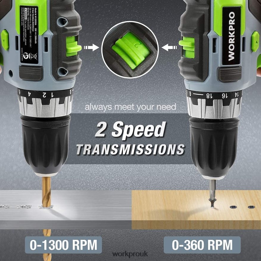 WORKPRO20V Variable Speed Cordless Drill/Driver Kit, 18+2 Torque Setting 2.0 Ah Li-ion Battery and 1 Hour Fast Charger X662Z172 Tool
