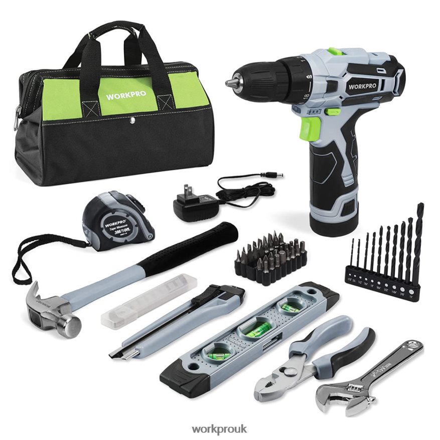 WORKPRO61 Pcs 12V Cordless Drill and Home Tool Kit, 14-inch Storage Bag Included X662Z174 Tool
