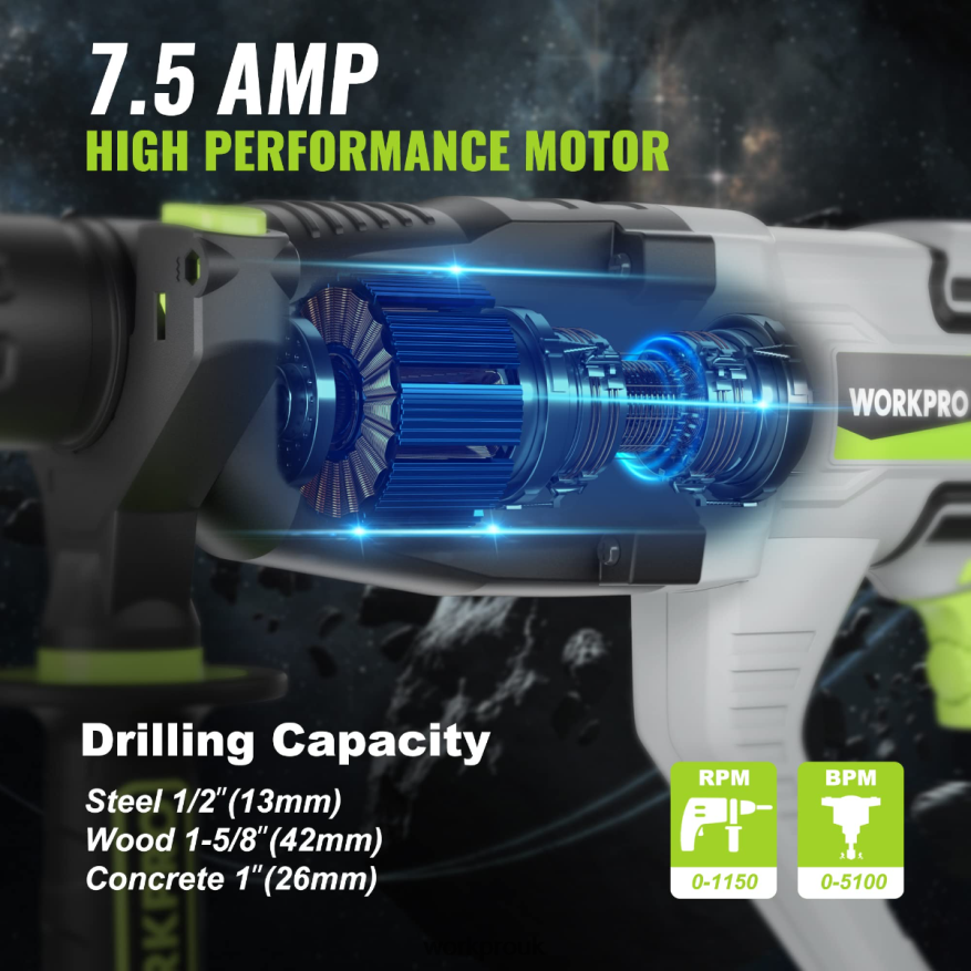 WORKPRO7.5AMP 1-1/4 Inch Premium SDS-Plus Rotary Hammer Drill, Lightweight Corded Version X662Z178 Tool