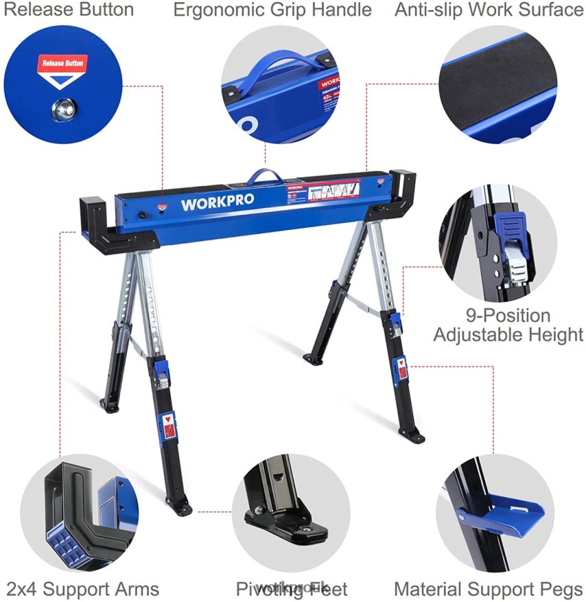 WORKPRO2 Pcs Folding Sawhorse Adjustable Heavy Duty Saw horse with 2x4 Support Arms, 3000 lbs Load Capacity, 24-32 inch Height Adjustable Legs, Pivoting Feet & Support Pegs X662Z35 Storage
