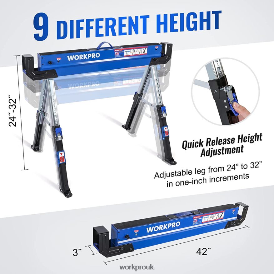 WORKPRO2 Pcs Folding Sawhorse Adjustable Heavy Duty Saw horse with 2x4 Support Arms, 3000 lbs Load Capacity, 24-32 inch Height Adjustable Legs, Pivoting Feet & Support Pegs X662Z35 Storage