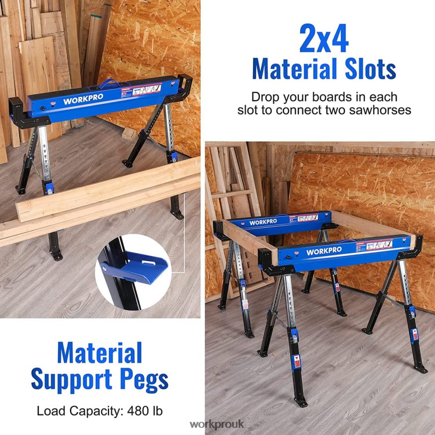 WORKPRO2 Pcs Folding Sawhorse Adjustable Heavy Duty Saw horse with 2x4 Support Arms, 3000 lbs Load Capacity, 24-32 inch Height Adjustable Legs, Pivoting Feet & Support Pegs X662Z35 Storage
