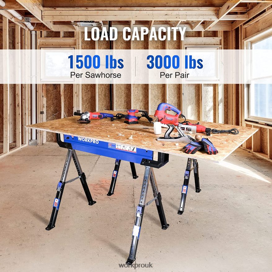 WORKPRO2 Pcs Folding Sawhorse Adjustable Heavy Duty Saw horse with 2x4 Support Arms, 3000 lbs Load Capacity, 24-32 inch Height Adjustable Legs, Pivoting Feet & Support Pegs X662Z35 Storage